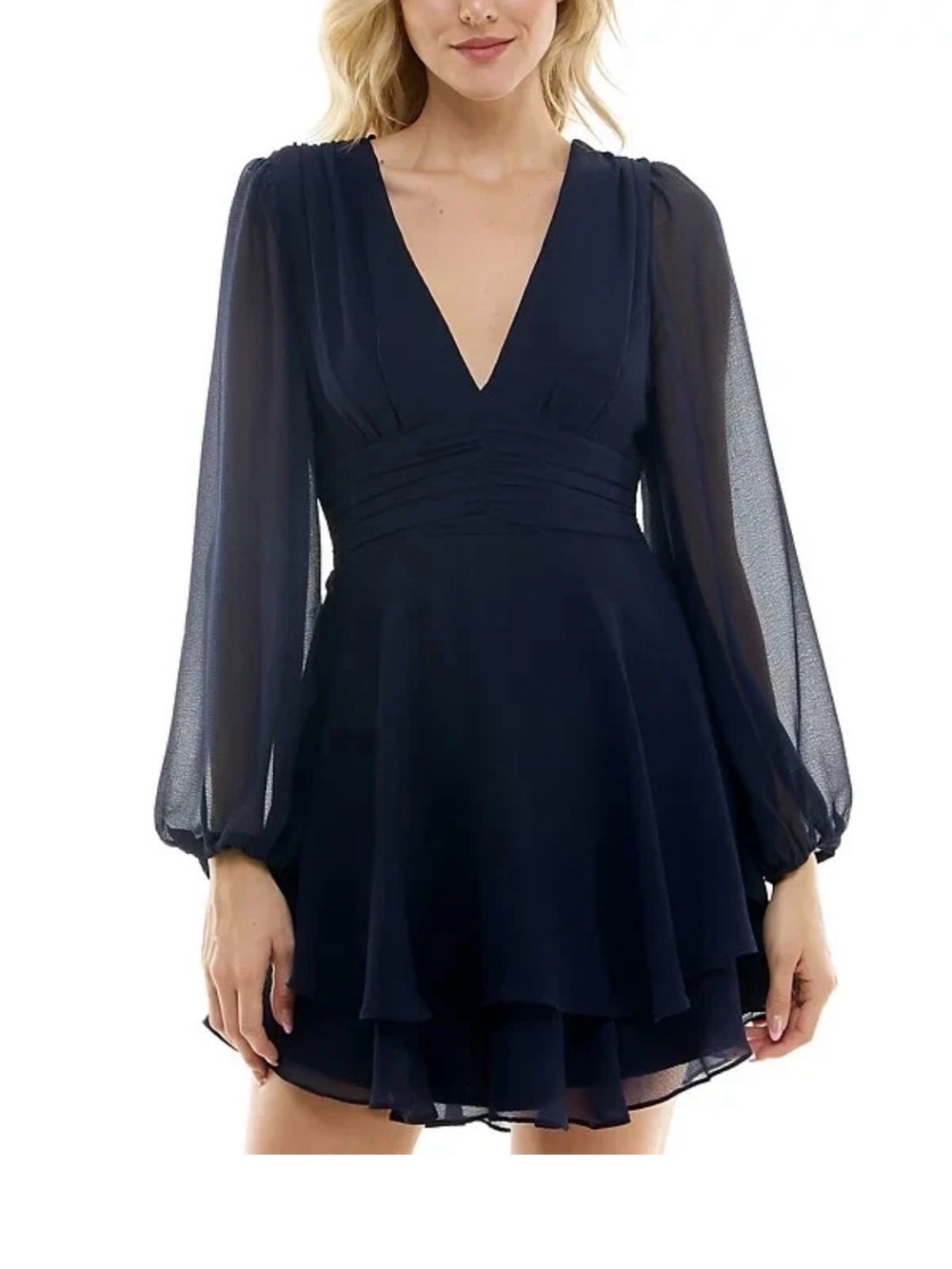 B Darlin Navy Chiffon Long-Sleeve Layered Dress NWT